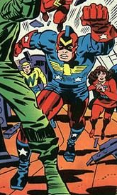 Джеффри Мейс в образе Патриота (фрагмент обложки Marvel Premiere №30 (июнь 1976), художники Джек Кирби и Фрэнк Гьякойа)