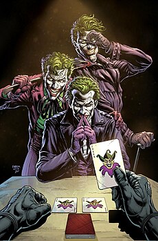 Иллюстрация к серии комиксов «Бэтмен: Три Джокера» (2020), изображающая основные воплощения Джокера от Золотого века (снизу) до Серебряного века (слева) и современной эпохи (справа). Художник — Джейсон Фабок[англ.].